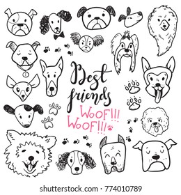 Funny doodle dog icons collection. Hand drawn pet, kid drawn design. Cute modern elegant style, different breeds