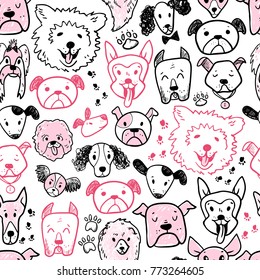 Funny doodle dog icons seamless pattern. Hand drawn pet, kid drawn design. Cute modern elegant style, different breeds