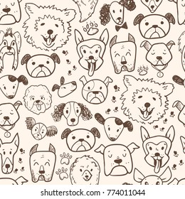 Funny doodle dog icons seamless pattern. Hand drawn pet, kid drawn design. Cute modern elegant style, different breeds