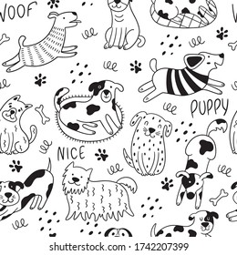 Funny doodle dogs seamless pattern. Scandinavian illustration with dogs, paws, dots, phrases on a white background. Perfect for wallpaper, wrapping, textiles.