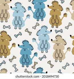 Funny doodle dogs seamless pattern. Scandinavian illustration with poodle dogs and bone on a white background. Ideal for wallpaper, pasting, textiles.