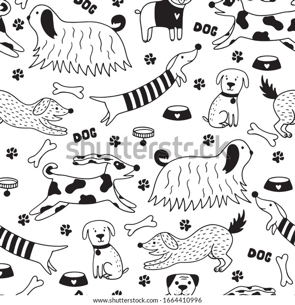 Funny doodle dogs seamless\
pattern. Scandinavian illustration with dogs, paws, bone, dog\
collar, dog bowl on a white background. Perfect for wallpaper,\
wrapping, textile.