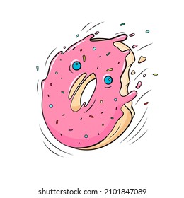 Funny doodle donut character with pink glaze and sprinkles. Vector hand drawn crazy bitten doughnut. Sketch of sweet pastry dessert isolated on white background