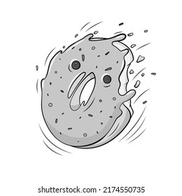 Funny doodle donut character with pink glaze and sprinkles. Vector hand drawn crazy bitten doughnut. Sketch of sweet pastry dessert isolated on white background