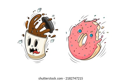 Funny doodle donut and coffee cup character. Vector hand drawn crazy bitten doughnut and mug with splash of black drink and sugar cubes. Sketch set of sweet dessert isolated on white background