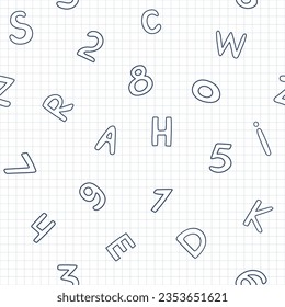 Funny doodle drawings, letters, numbers on lined math paper for school or kindergarten. Childish hand-drawn repeating pattern. Back to school
