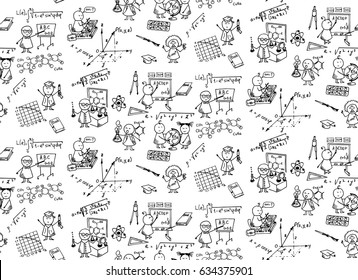 Funny doodle education background.  Vector hand-drawn seamless pattern on whiteboard. 