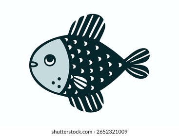 Engraçado rabiscar peixe exótico do mar profundo. Peixes náuticos e algas marinhas, tesouros submarinos e vida marinha, ilustração vetorial. Ícone de peixe fantasia Aquário, logotipo, adesivo, folheto, pictograma