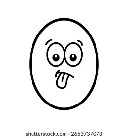 Funny Doodle Face on an Egg with Tongue Out. Black and white cartoon illustration of an egg-shaped face with goofy eyes and tongue sticking out. Simple line drawing expressing silliness or craziness.