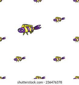 Funny doodle fantasy colorful aquarium fish vector seamless pattern on white background