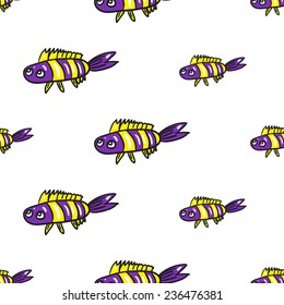 Funny doodle fantasy colorful aquarium fish vector seamless pattern on white background