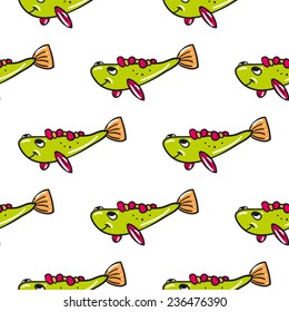 Funny doodle fantasy colorful aquarium fish vector seamless pattern on white background