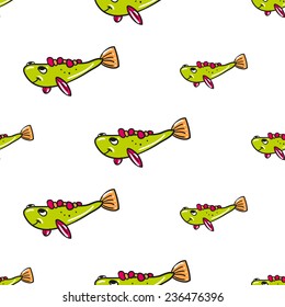 Funny doodle fantasy colorful aquarium fish vector seamless pattern on white background