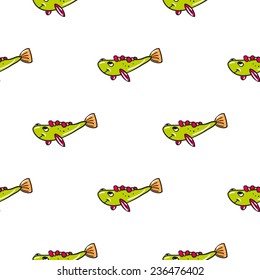 Funny doodle fantasy colorful aquarium fish vector seamless pattern on white background