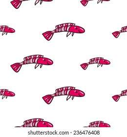 Funny doodle fantasy colorful aquarium fish vector seamless pattern on white background