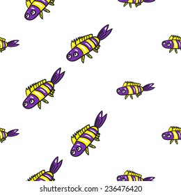 Funny doodle fantasy colorful aquarium fish vector seamless pattern on white background