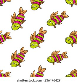 Funny doodle fantasy colorful aquarium fish vector seamless pattern on white background