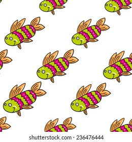 Funny doodle fantasy colorful aquarium fish vector seamless pattern on white background