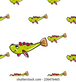 Funny doodle fantasy colorful aquarium fish vector seamless pattern on white background