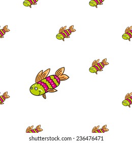 Funny doodle fantasy colorful aquarium fish vector seamless pattern on white background