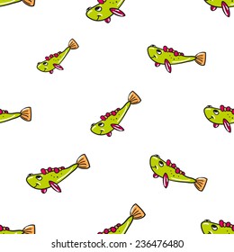 Funny doodle fantasy colorful aquarium fish vector seamless pattern on white background