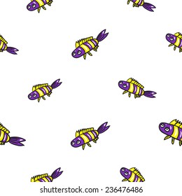 Funny doodle fantasy colorful aquarium fish vector seamless pattern on white background