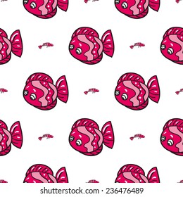 Funny doodle fantasy colorful aquarium fish vector seamless pattern on white background