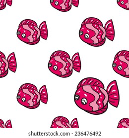 Funny doodle fantasy colorful aquarium fish vector seamless pattern on white background