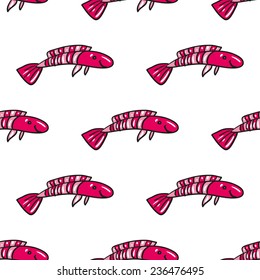 Funny doodle fantasy colorful aquarium fish vector seamless pattern on white background