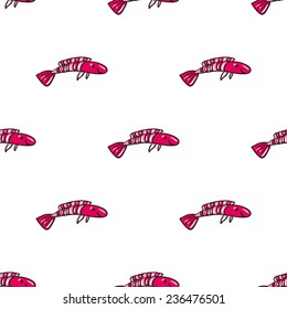 Funny doodle fantasy colorful aquarium fish vector seamless pattern on white background