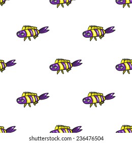 Funny doodle fantasy colorful aquarium fish vector seamless pattern on white background