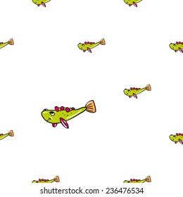 Funny doodle fantasy colorful aquarium fish vector seamless pattern on white background