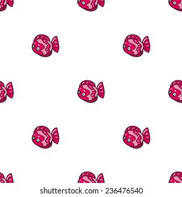 Funny doodle fantasy colorful aquarium fish vector seamless pattern on white background