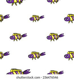 Funny doodle fantasy colorful aquarium fish vector seamless pattern on white background