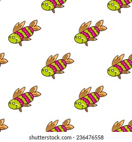 Funny doodle fantasy colorful aquarium fish vector seamless pattern on white background