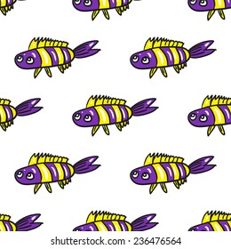 Funny doodle fantasy colorful aquarium fish vector seamless pattern on white background