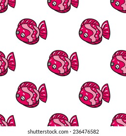 Funny doodle fantasy colorful aquarium fish vector seamless pattern on white background