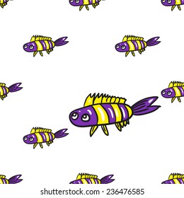 Funny doodle fantasy colorful aquarium fish vector seamless pattern on white background