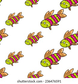 Funny doodle fantasy colorful aquarium fish vector seamless pattern on white background