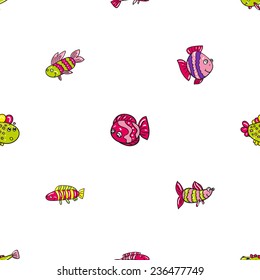 Funny doodle fantasy colorful aquarium fish vector seamless pattern on white background