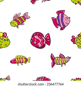 Funny doodle fantasy colorful aquarium fish vector seamless pattern on white background