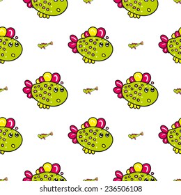 Funny doodle fantasy colorful aquarium fish vector seamless pattern on white background