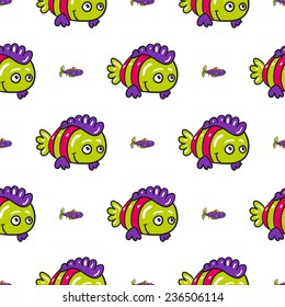 Funny doodle fantasy colorful aquarium fish vector seamless pattern on white background