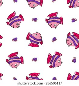 Funny doodle fantasy colorful aquarium fish vector seamless pattern on white background