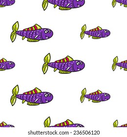 Funny doodle fantasy colorful aquarium fish vector seamless pattern on white background