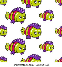 Funny doodle fantasy colorful aquarium fish vector seamless pattern on white background