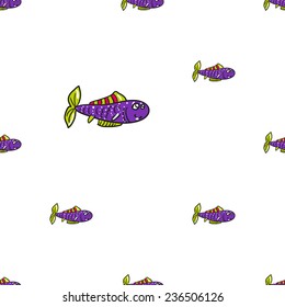 Funny doodle fantasy colorful aquarium fish vector seamless pattern on white background