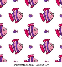 Funny doodle fantasy colorful aquarium fish vector seamless pattern on white background