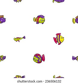 Funny doodle fantasy colorful aquarium fish vector seamless pattern on white background