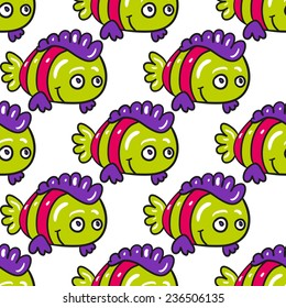 Funny doodle fantasy colorful aquarium fish vector seamless pattern on white background